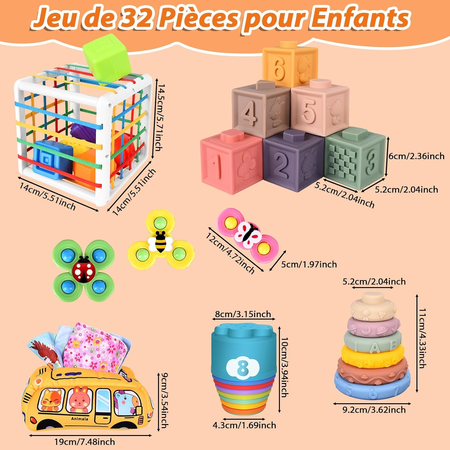 Herenear 6 En 1 Jeux Montessori Bébé Eveil, Jouets Sensoriels, Trieur De Formes, Jouets En Blocs, Boite Mouchoir Bebe, Jouets À Empiler, Jeux Montessori Pour Bebe 6 9 12 Mois 1 2 3 Ans