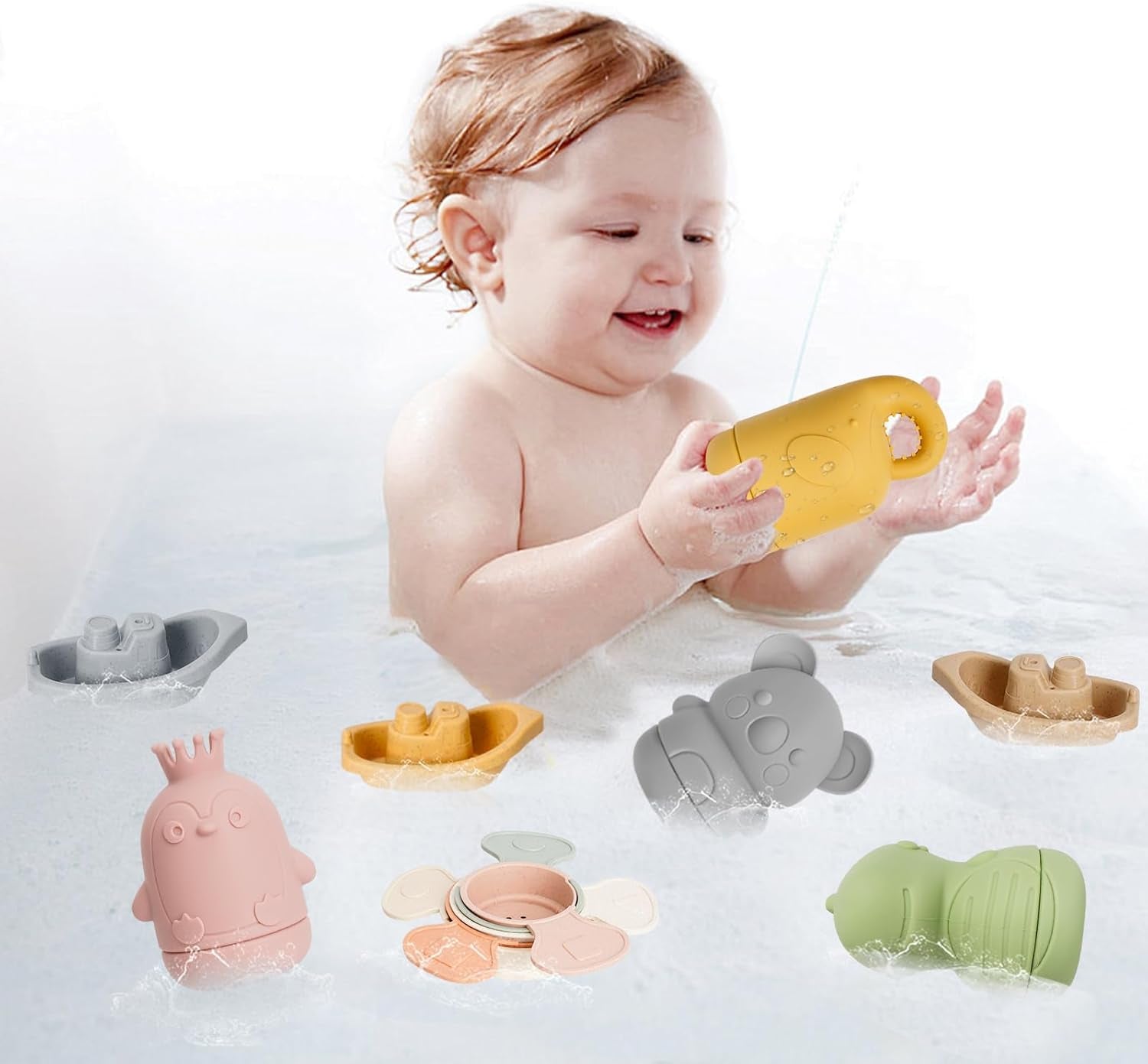 Jouets De Bain Pour Bebe, 15 Pièces Jouet Bain Bébé À Presser Sensoriels Avec Bateaux Empilables Et Cuillère, Silicone Souple Jouet Bain Enfant Jeux Educatif 6 9 12 Mois 1 2 3 Ans