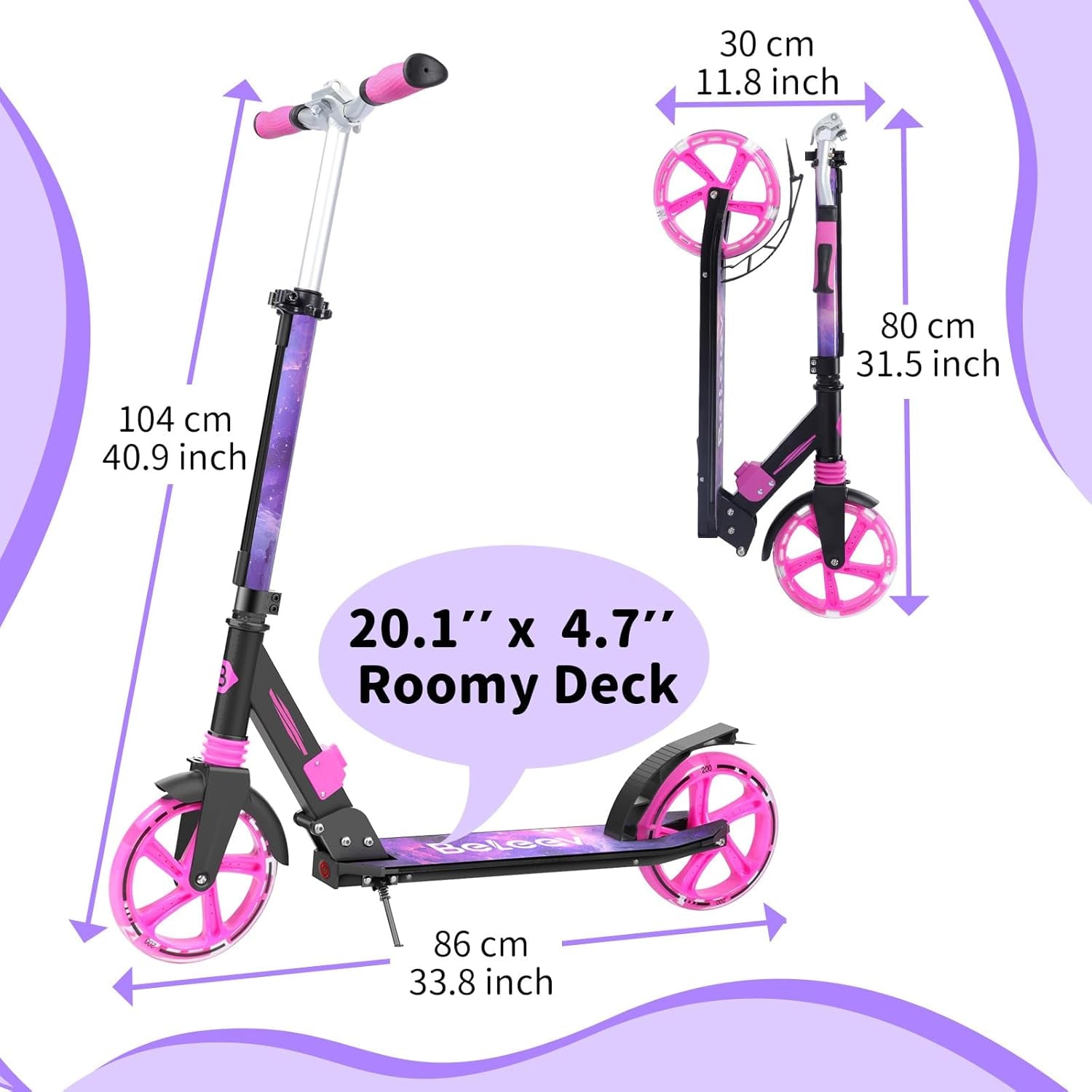 Trottinettes Enfants De 6 Ans Et Plus, LED Lumineuses Stem & Deck, Pliable, 4 Hauteurs Réglables, Sangle De Transport, Grandes Roue 200 Mm, City Scooter 2 Roues Pour Adulte Et Adolescent