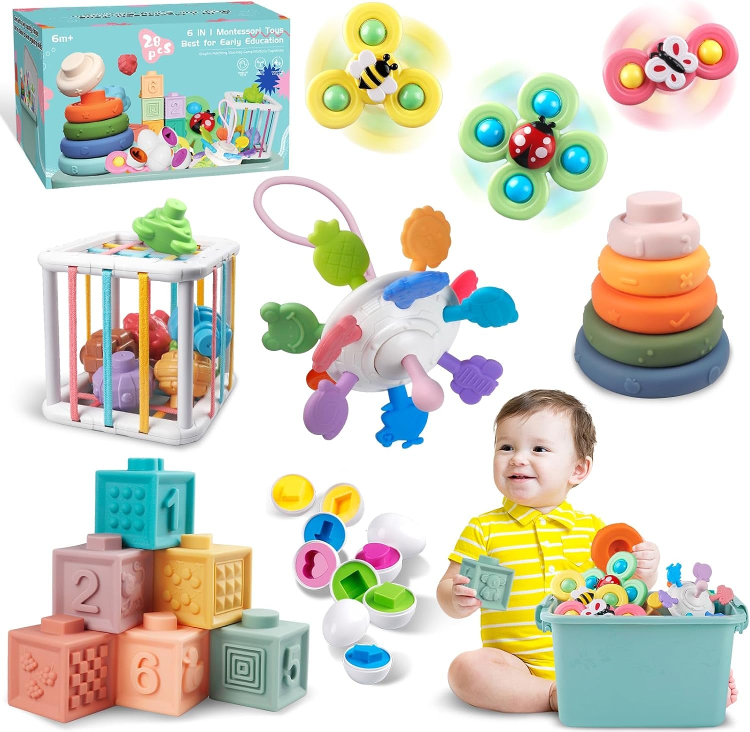 Jouets Bébés Pour, Montessori Jeux Bébé Eveil, Jouets Sensoriels, 6 En 1 Avec Bebe Cube D'Activité, Œufs À Associer, Jouet À Ventouse À Rotation (6 in 1)