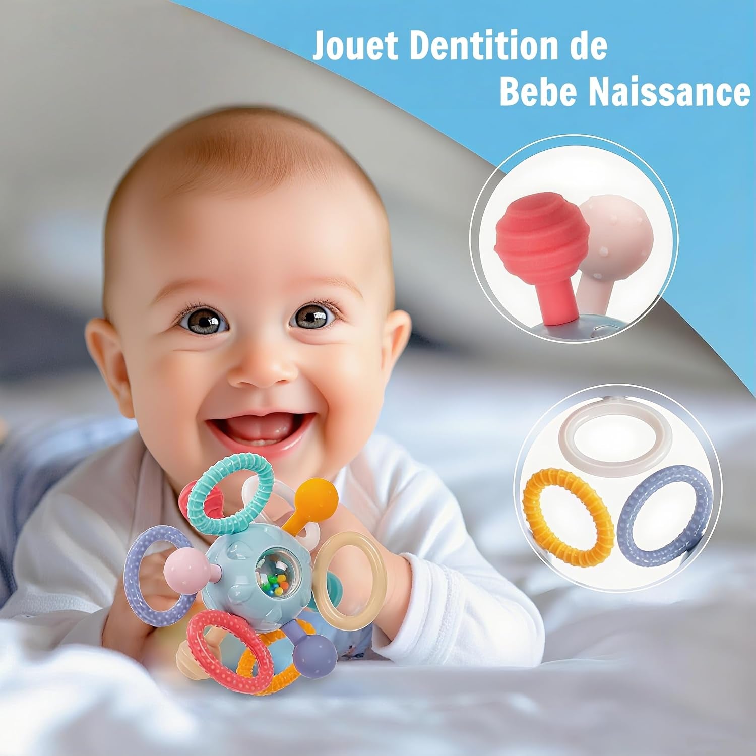 Jouet Dentition Bebe Balle Pour Naissance 0-3 Mois, Jouet Bebe 1 an Jeux Montessori Bebes Eveil 0-6 Mois, Jeux Bebes Hochet Sensorielle 0 3 6 9 12 Mois Filles Garçons (Bleu)