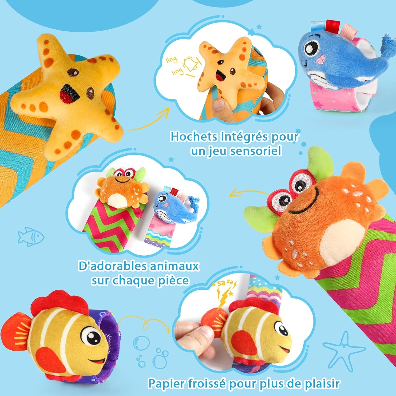 Hochet Bébé 0-3 Mois, 4 Pièces Poignets Et Chaussettes Jouet Et Jeux Éveil Montessori - Stimulation Sensorielle Et Motricité Fine - Cadeau Parfait Pour Bébés 0 3 6 9 Mois (Océan)