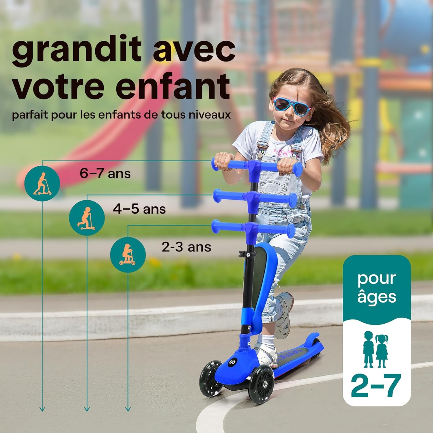 Trottinette Enfant - Trottinette 3 Roues - Patinette Enfant Pliable Avec Hauteur Ajustable - Siège Pliable - Roues LED Lumineuses - Guidon Réglable - Plateau Antidérapant - Scooter Enfant