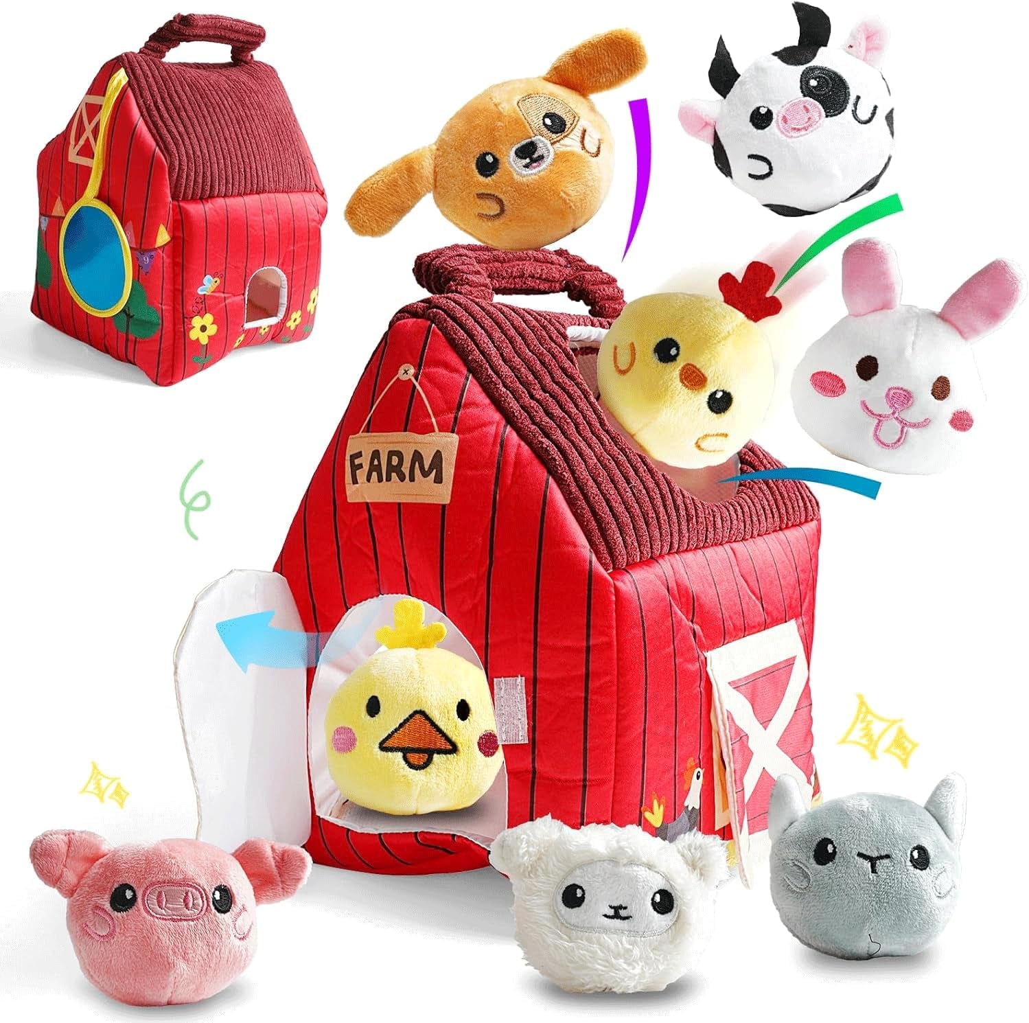 Cokomono Jouet Bébé 1 an Animaux De La Ferme En Peluche, Jeux Montessori Avec Grange, Hochets, Miroirs, Jouet Sensoriel Bebe 0-6 Mois, Cadeau Bebe Enfant 3 6 9 Mois Garçon Fille