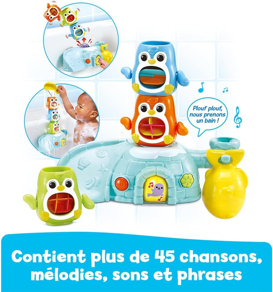 - 1, 2, 3 Empilo Pingouins, Jouet De Bain Tour À Empiler Bébé, Igloo Interactif Et Musical Avec Trio De Pingouins Et 2 Ventouses De Fixation, Cadeau Enfant Dès 1 an - Contenu En Français
