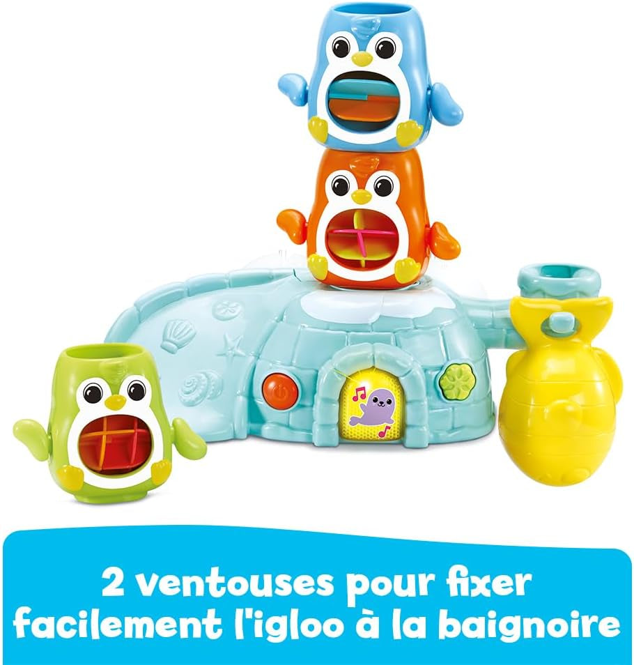- 1, 2, 3 Empilo Pingouins, Jouet De Bain Tour À Empiler Bébé, Igloo Interactif Et Musical Avec Trio De Pingouins Et 2 Ventouses De Fixation, Cadeau Enfant Dès 1 an - Contenu En Français