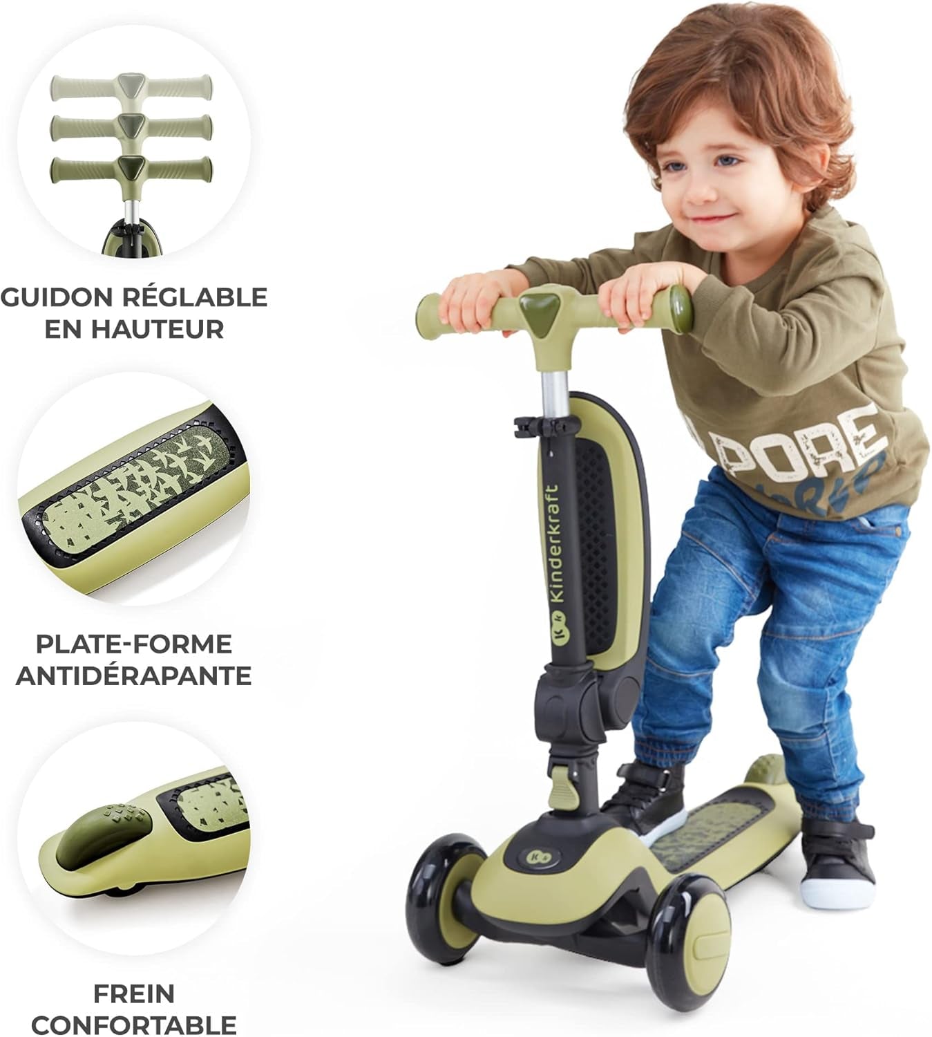 Kinderkraft Halley, Trottinette, Draisienne, Patinette, Scooter, Multifonctionnel, Moderne, Trois Roues, Réglable, LED Roues, Frein, 2 Ans Jusqu'À 50 Kg, Rose