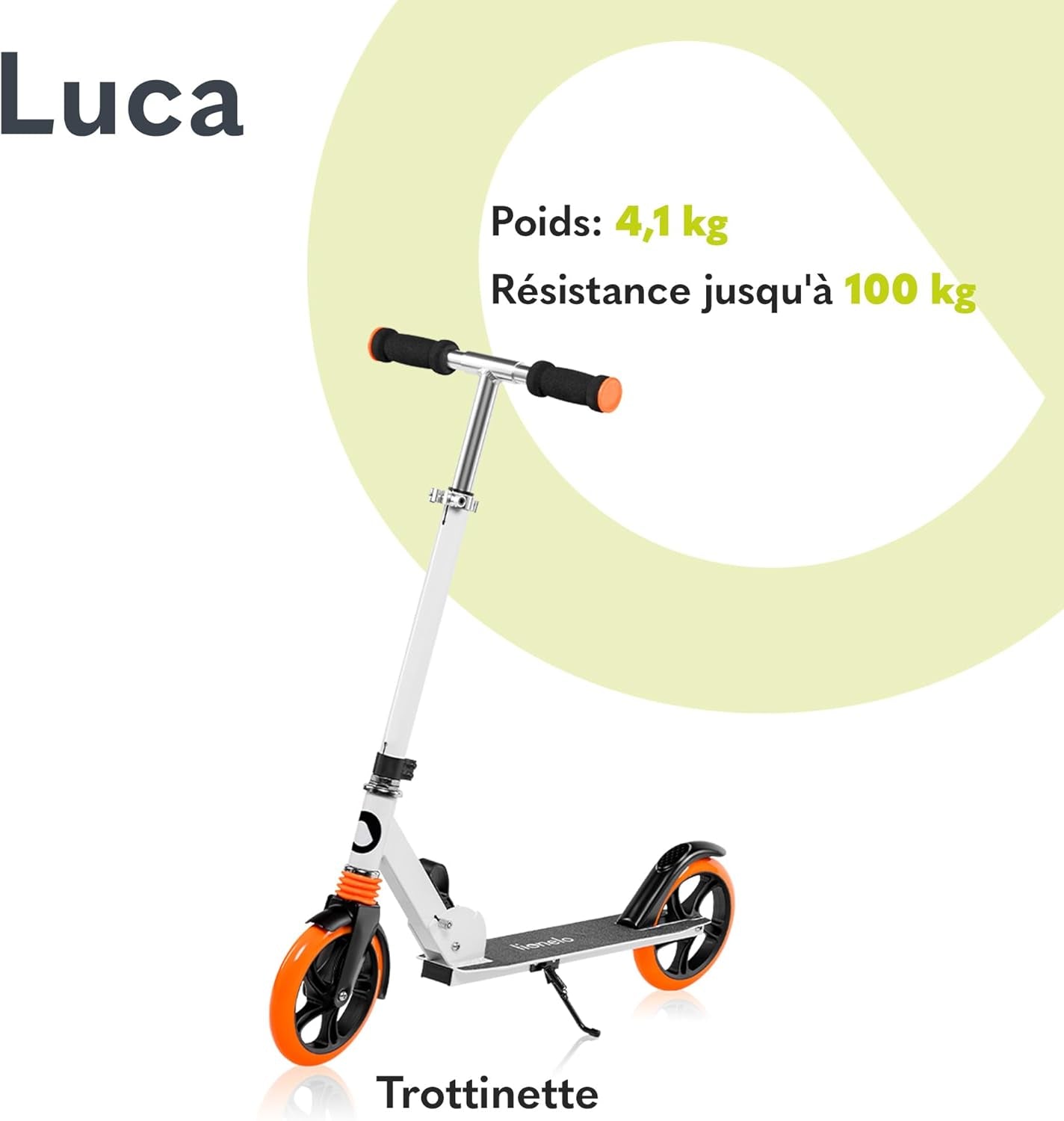 LUCA Trotinette Enfant Et Adultes Jusqu'À 100 Kg, Construction Durable, Pliage, Rapide, Guidon Ajustable, Roues À 20 Cm, Amortisseur Shockresist Frein (Blanc)