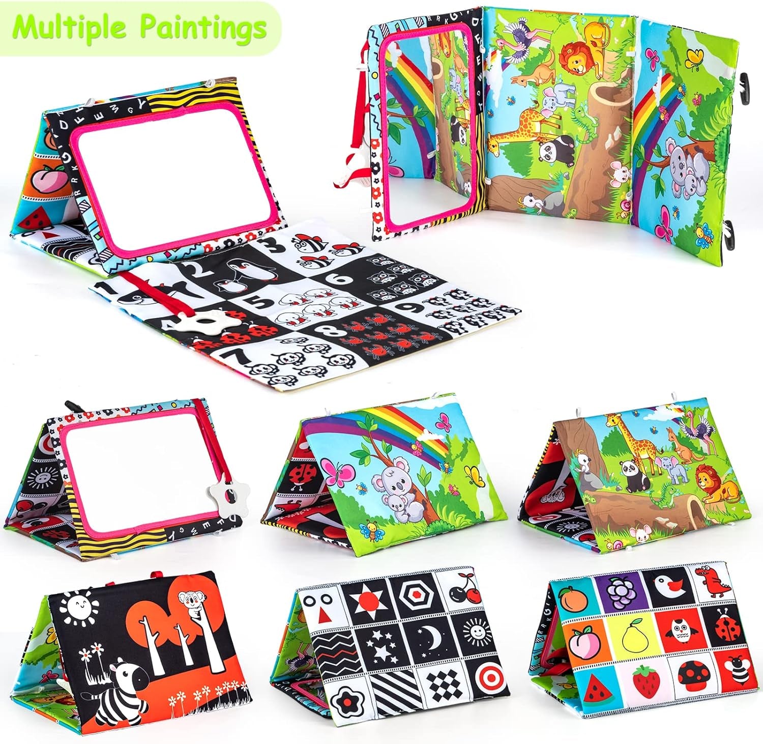 Auney Jouet Bebe 0 À 3 À 6 À 9 Mois, Miroir Jouets Sensoriels À Contraste Élevé Pour Bébés Avec Livre En Tissu Froissé Et Anneau, Jeux Montessori Bebe 0-6 Mois À 1 an À 18 Mois