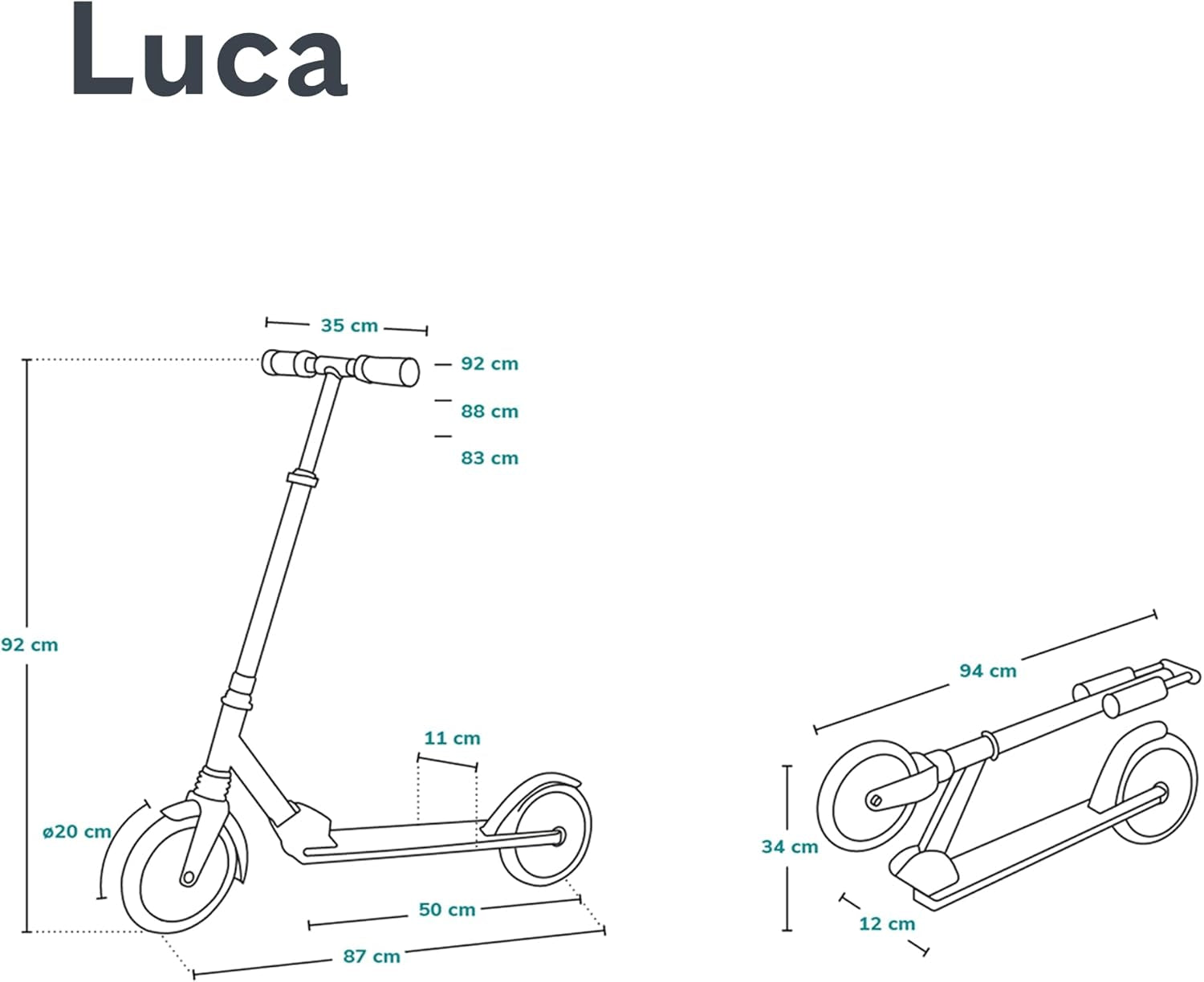 Luca Trotinette Enfant Et Adultes Jusqu'À 100 Kg, Construction Durable, Pliage, Rapide, Guidon Ajustable, Roues À 20 Cm, Amortisseur Shockresist Frein (Noir)