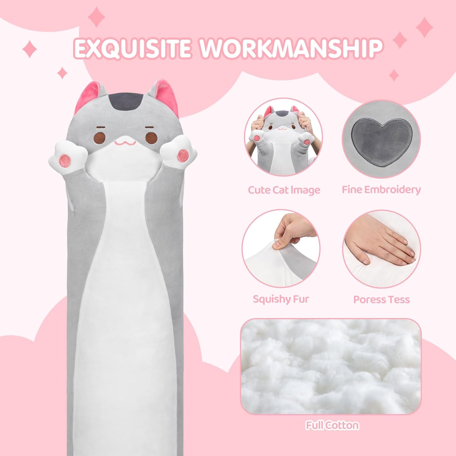 Kawaii Peluche Coussin Long 50CM, Oreiller Pour Enfant D'Animaux Poupée Jouets Kawaii Pour Enfant Mignonne Moelleux Confort Coussins En Peluche Pour Cadeau