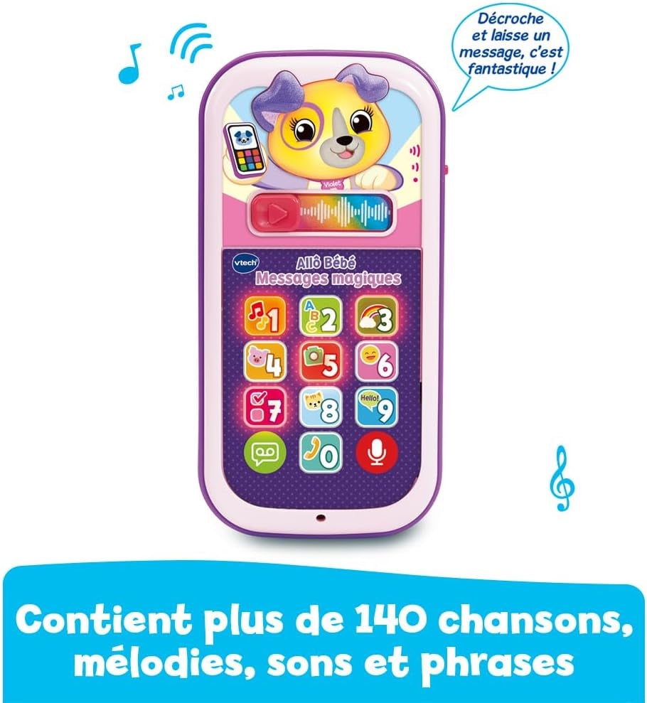 - Allô Bébé Messages Magiques Rose, Premier Téléphone Interactif, Parlant Et Musical Avec Enregistreur Vocal, Changeur De Voix Et Effets Lumineux, Cadeau Bébé Dès 9 Mois - Contenu En Français