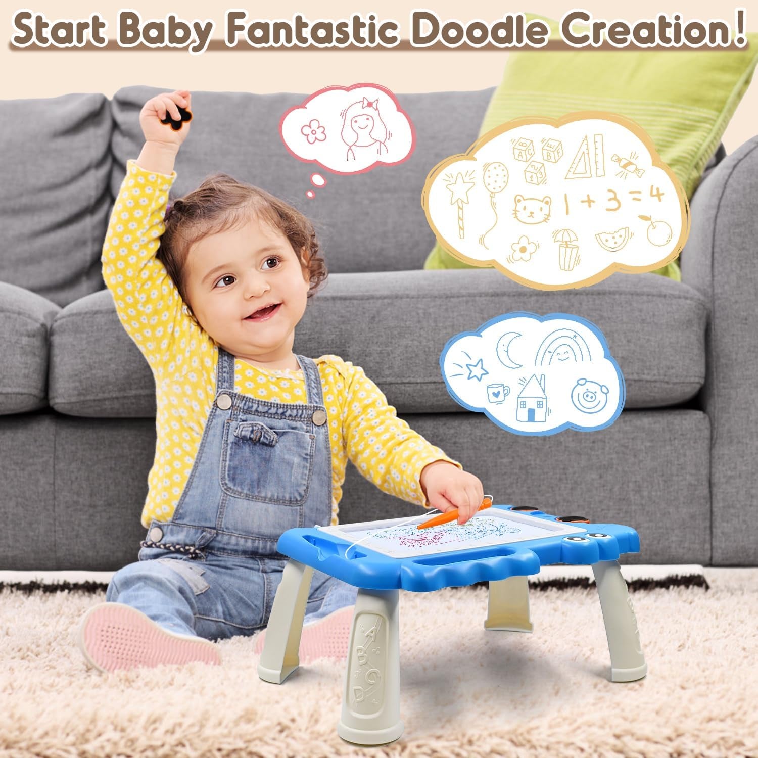Tablette Dessin Enfant Avec 4 Jambes Jouets Pour Bebe 3 4 5 Ans，Educatif Ardoise Magique Jeux Pour Les Garçons Et Filles Cadeau，Jouets Montessori Pour Enfants 3-8 Ans (Bleu