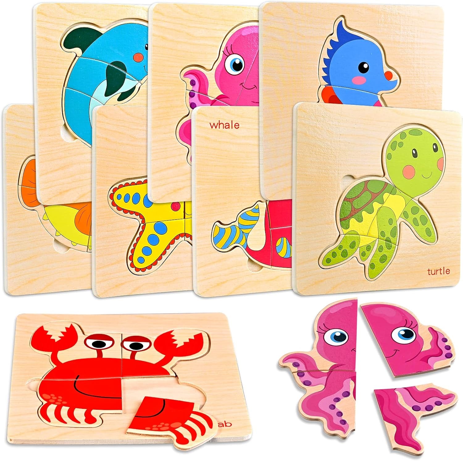 8 Puzzles En Bois Enfant, Jeux Bébé, Jouet Montessori Pour Garçons Filles, Cadeau Anniversaire Halloween Noël, Cube Animaux Marins, Éducatifs 1 2 3 Ans