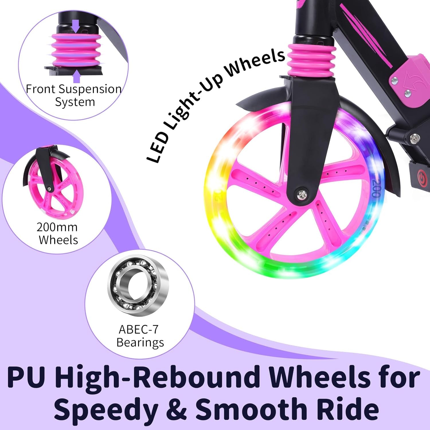 Trottinettes Enfants De 6 Ans Et Plus, LED Lumineuses Stem & Deck, Pliable, 4 Hauteurs Réglables, Sangle De Transport, Grandes Roue 200 Mm, City Scooter 2 Roues Pour Adulte Et Adolescent