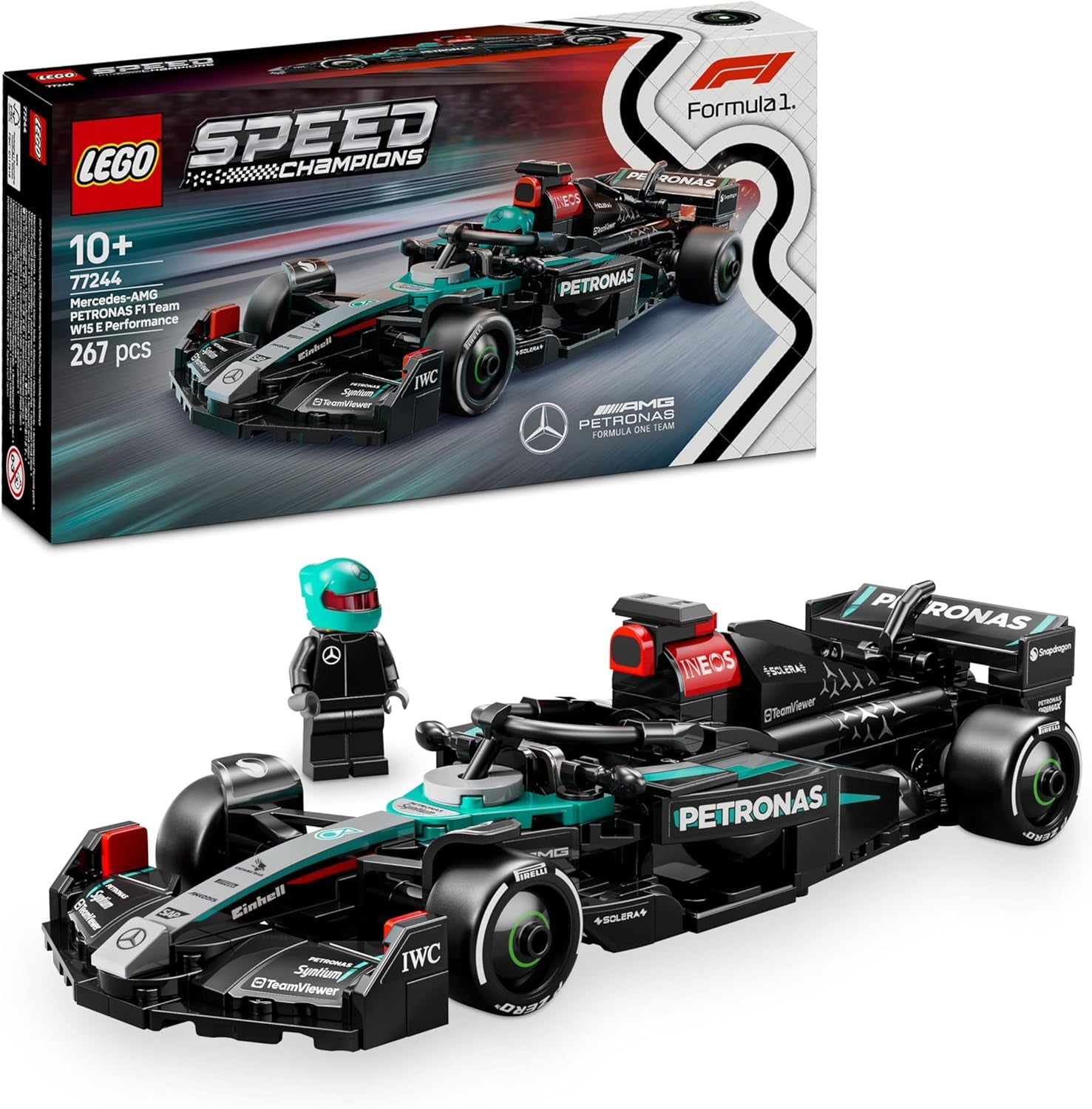Speed Champions Voiture F1 Mercedes-Amg W15 - Voiture De Course Avec Minifigurine Collector De Pilote De Formule 1 - Maquette Pour Garçons Et Filles Dès 10 Ans Ou Fans De Sport Automobile 77244