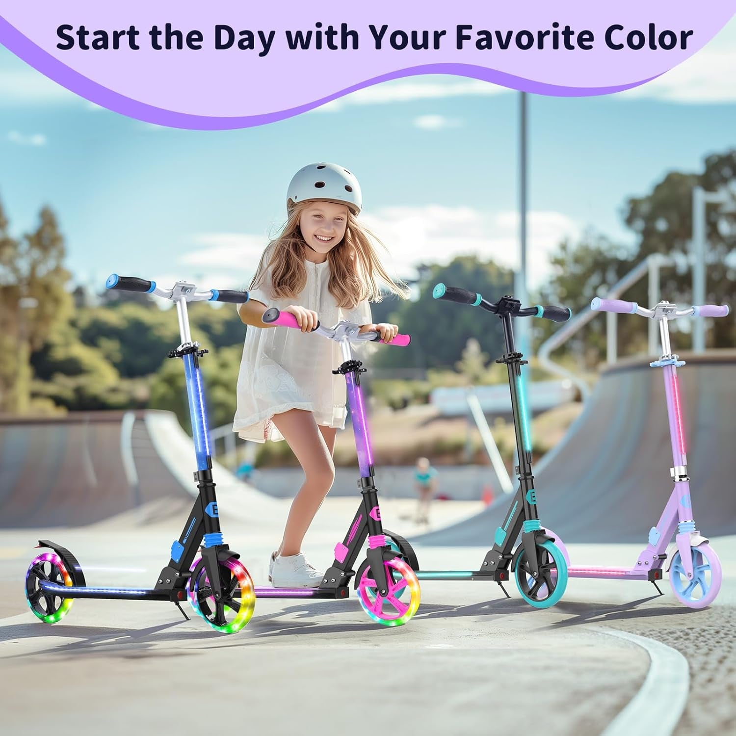 Trottinettes Enfants De 6 Ans Et Plus, LED Lumineuses Stem & Deck, Pliable, 4 Hauteurs Réglables, Sangle De Transport, Grandes Roue 200 Mm, City Scooter 2 Roues Pour Adulte Et Adolescent