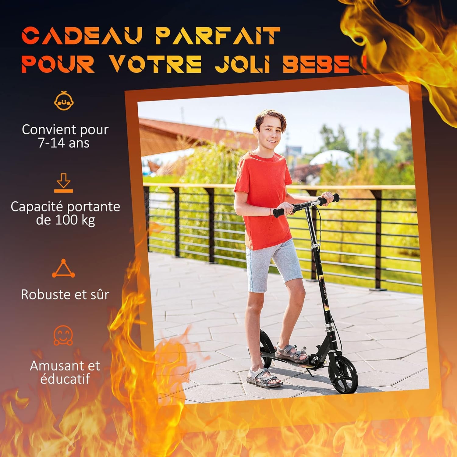 Trottinette Enfant Pliable À 2 Roues Pour Enfant De 7 À 14 Ans Avec Guidon Réglable En Hauteur Sur 3 Niveaux Et Double Frein - Noir