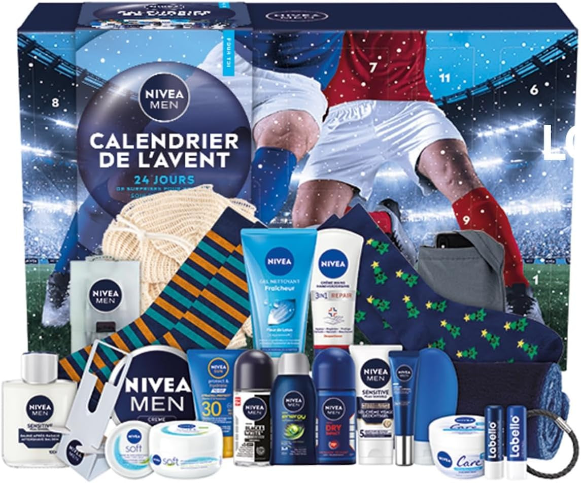 NIVEA MEN - Calendrier De L'Avent Homme Édition 2025 - Coffret Cadeau Beauté - Soins Visage, Corps & Lèvres + Accessoires - 24 Fenêtres Surprises - 1Pce