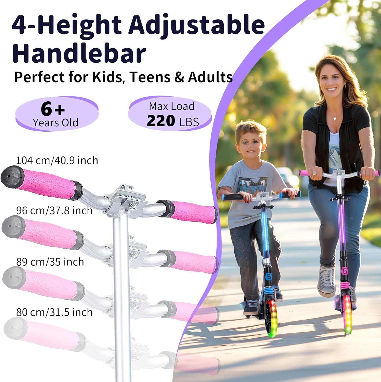Trottinettes Enfants De 6 Ans Et Plus, LED Lumineuses Stem & Deck, Pliable, 4 Hauteurs Réglables, Sangle De Transport, Grandes Roue 200 Mm, City Scooter 2 Roues Pour Adulte Et Adolescent