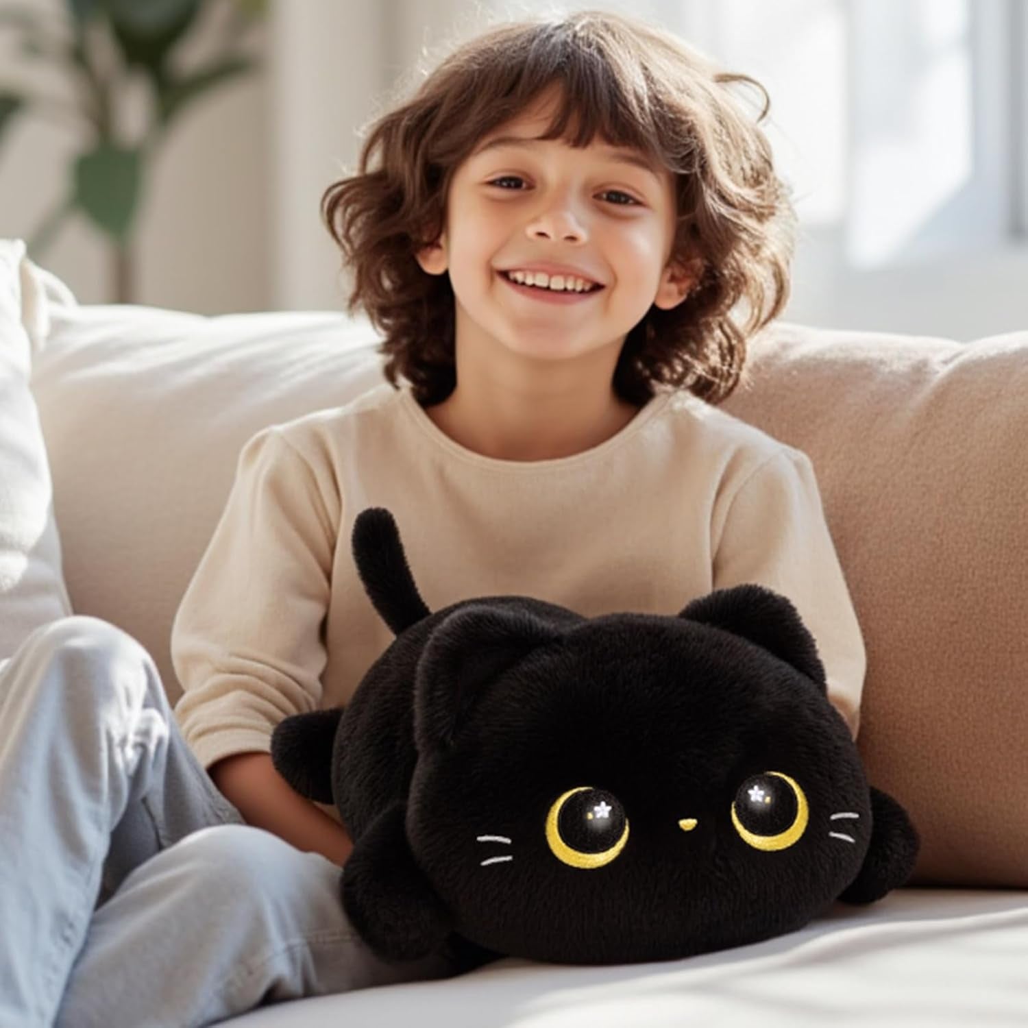 Peluche Chat Mignonne 13 Pouces,Oreiller Kawaii En Forme De Chat Noir,Coussin Peluche Doux Pour Enfants, Jouet Anti-Stress Câlin,Idée Cadeau Originale