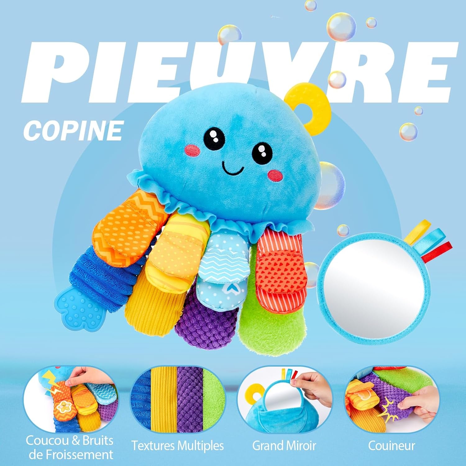 Jouet Bebe 0-3 6 Mois, Pieuvre Jouet Sensoriel Bebe Avec Anneau Dentition Bebe, Miroir, Pouet Couineur, Tummy Time Jeux D Eveil Bebe 0-6 Mois, Cadeau Naissance Fille Garcon