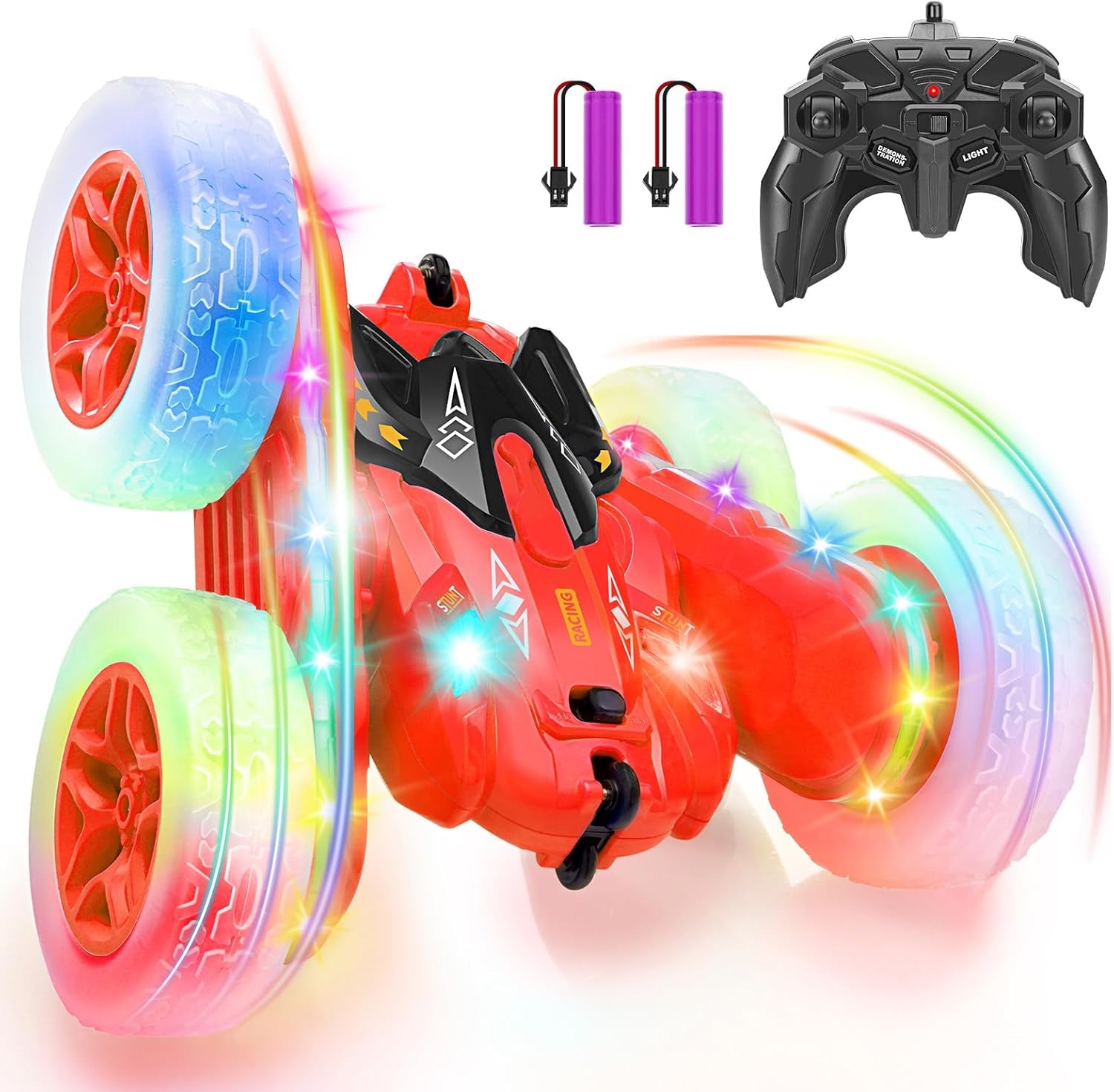 Voiture Télécommandée, Voiture Cascadeuse Avec Bande Lumineuse Latérale Et Phares, 2.4Ghz, Rotations À 360°, Voiture RC Rechargeable Jouet Pour Garçons Filles Cadeau D'Anniversaire, Rouge