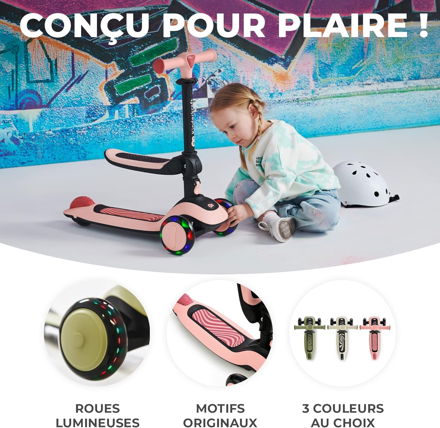 Kinderkraft Halley, Trottinette, Draisienne, Patinette, Scooter, Multifonctionnel, Moderne, Trois Roues, Réglable, LED Roues, Frein, 2 Ans Jusqu'À 50 Kg, Rose