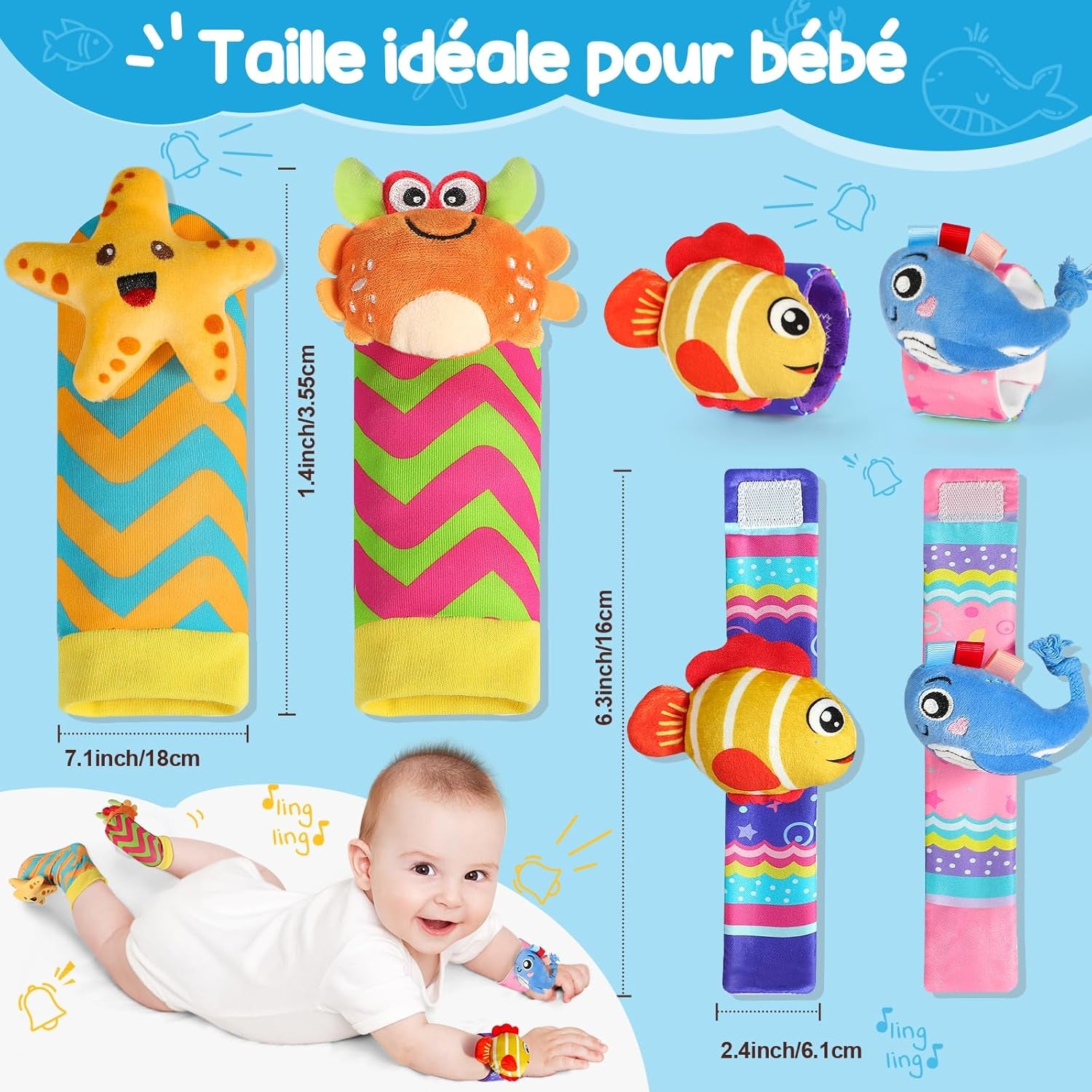 Hochet Bébé 0-3 Mois, 4 Pièces Poignets Et Chaussettes Jouet Et Jeux Éveil Montessori - Stimulation Sensorielle Et Motricité Fine - Cadeau Parfait Pour Bébés 0 3 6 9 Mois (Océan)