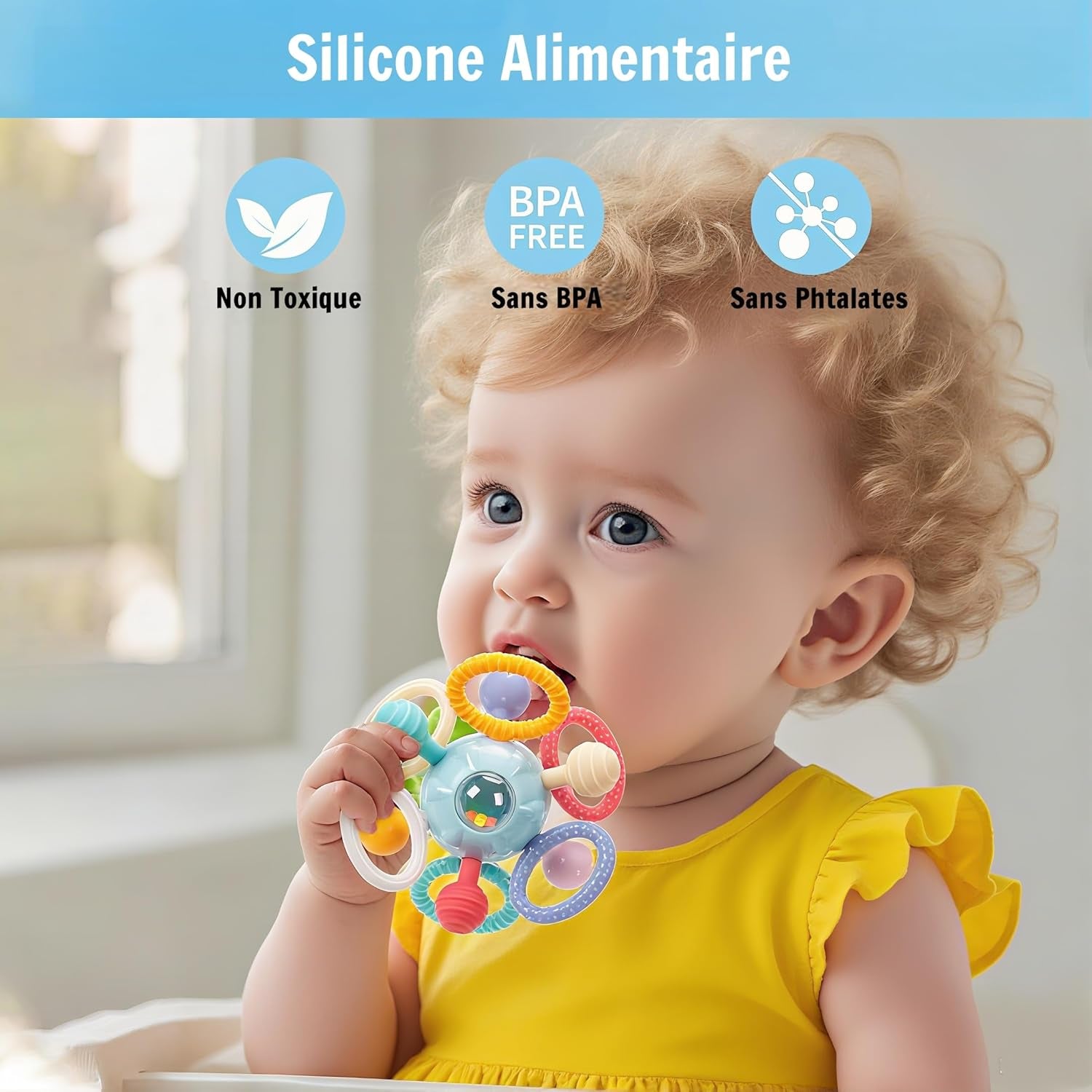 Jouet Dentition Bebe Balle Pour Naissance 0-3 Mois, Jouet Bebe 1 an Jeux Montessori Bebes Eveil 0-6 Mois, Jeux Bebes Hochet Sensorielle 0 3 6 9 12 Mois Filles Garçons (Bleu)