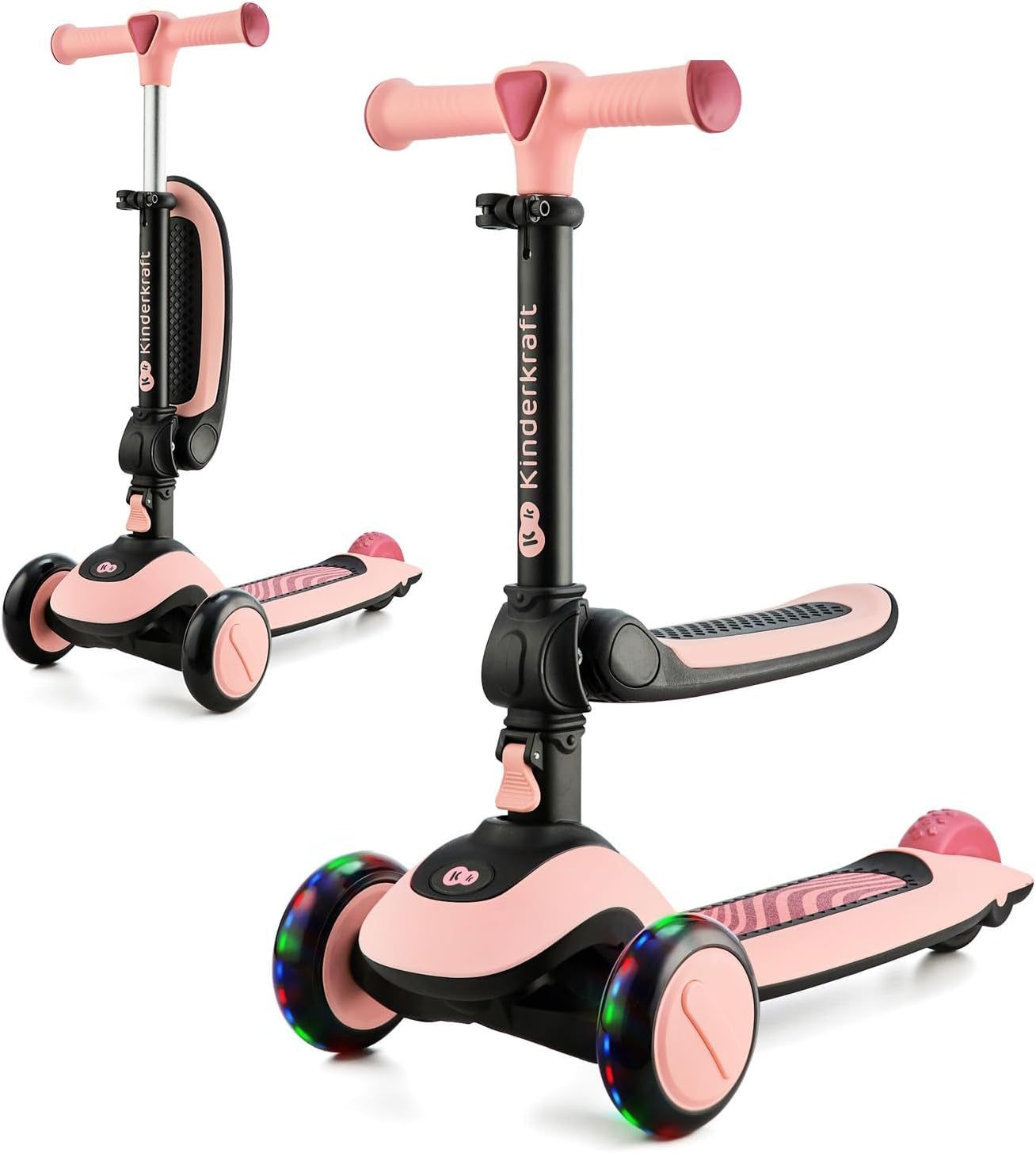 Kinderkraft Halley, Trottinette, Draisienne, Patinette, Scooter, Multifonctionnel, Moderne, Trois Roues, Réglable, LED Roues, Frein, 2 Ans Jusqu'À 50 Kg, Rose