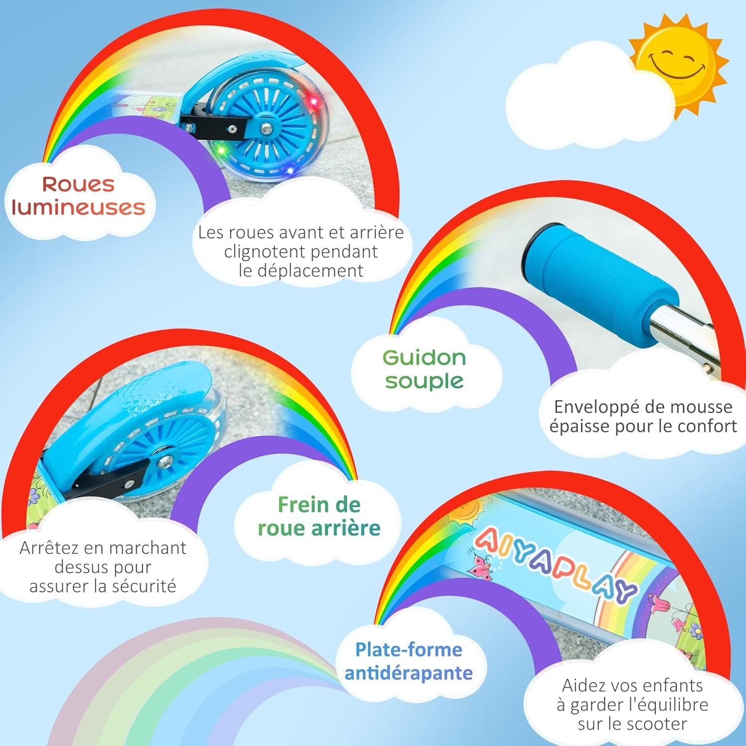 Trottinette Pour Enfants De 3 À 7 Ans, Roues Légères Et Pliables En PU, 12 Lumières LED, Musique, 4 Niveaux De Réglage De La Hauteur Du Guidon, Frein À Friction, Bleu