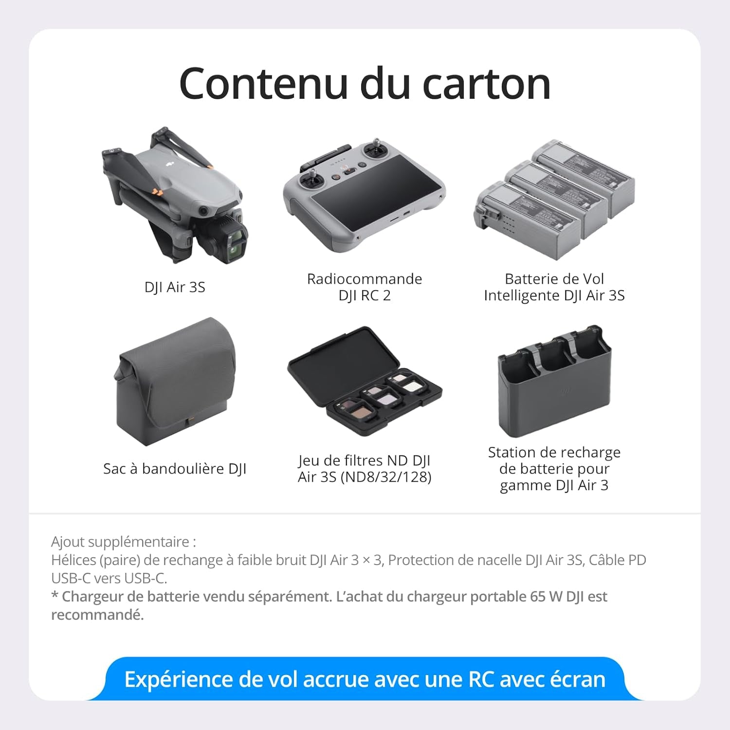 Bundle Fly More  Air 3S (Radiocommande RC 2 Avec Écran), Drone Avec Caméras Grand-Angle CMOS 1'' & Télé Moyenne Pour Adultes, 4K/60 Ips, Détection Omnidir. Et 3 Batteries Pour Un Temps De Vol Accru