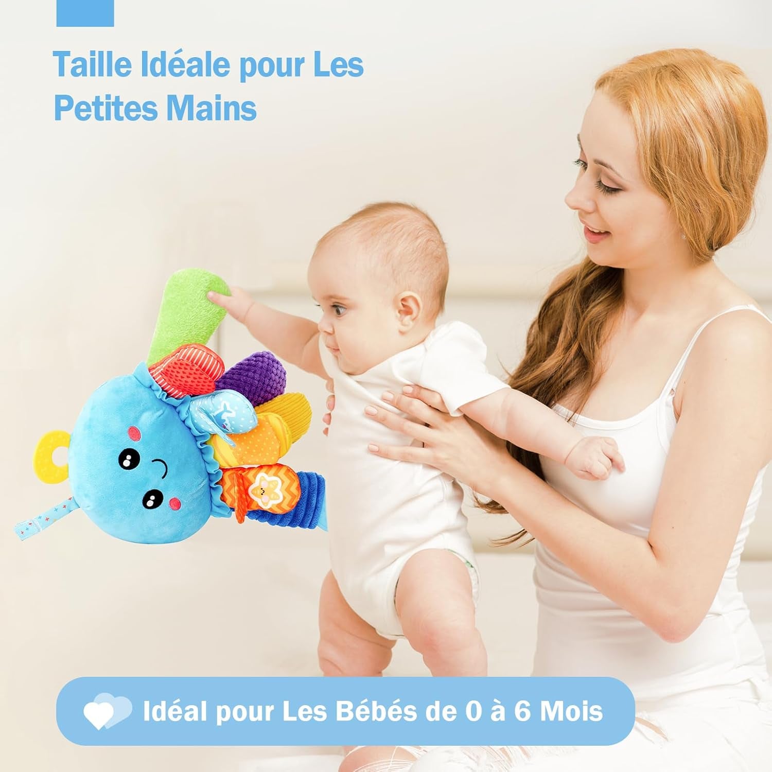 Jouet Bebe 0-3 6 Mois, Pieuvre Jouet Sensoriel Bebe Avec Anneau Dentition Bebe, Miroir, Pouet Couineur, Tummy Time Jeux D Eveil Bebe 0-6 Mois, Cadeau Naissance Fille Garcon