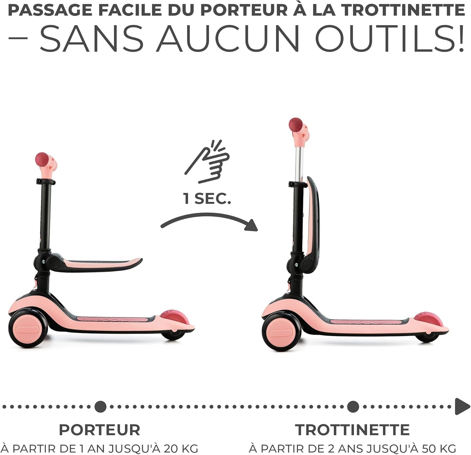 Kinderkraft Halley, Trottinette, Draisienne, Patinette, Scooter, Multifonctionnel, Moderne, Trois Roues, Réglable, LED Roues, Frein, 2 Ans Jusqu'À 50 Kg, Rose