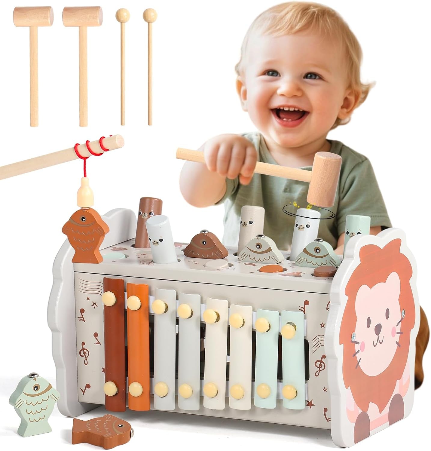 Jouet Bebe 1 an - Jeux Montessori 1 an 4 En 1 Jouet Montessori Avec Tape-Taupe Xylophone Bebe Pêche Et Labyrinthe Jouets Enfant 1 Ans Educatif En Bois Idéal Cadeau Noel Enfant 1 Ans Fille Garçon