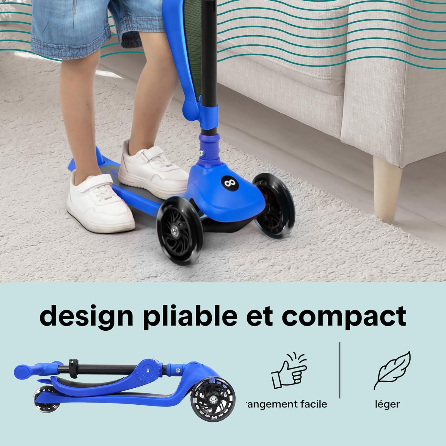 Trottinette Enfant - Trottinette 3 Roues - Patinette Enfant Pliable Avec Hauteur Ajustable - Siège Pliable - Roues LED Lumineuses - Guidon Réglable - Plateau Antidérapant - Scooter Enfant