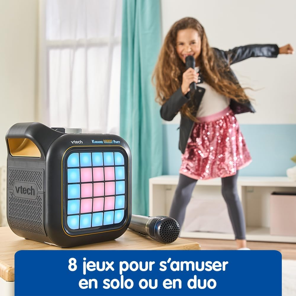 - Karaoke Light Party - Enceinte Bluetooth Lumineuse Pixel Art - Kit Karaoké Complet Avec 2 Micros Sans Fil, Modificateur De Voix Et Jeux - Cadeau Adulte, Ado Et Enfant - Contenu En Français