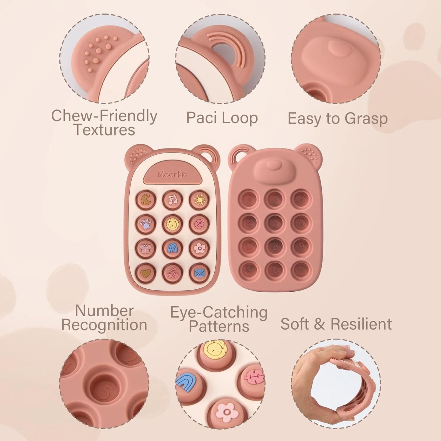 Jouet Dentition Bébé, Téléphone Silicone Pour Enfant, Pop It Jouets, Anneau Dentition Bebe, Sans BPA, Jeux Eveil, Jouet Bebe 3 Mois+, Cadeau Naissance Garcon & Fille(Blush)