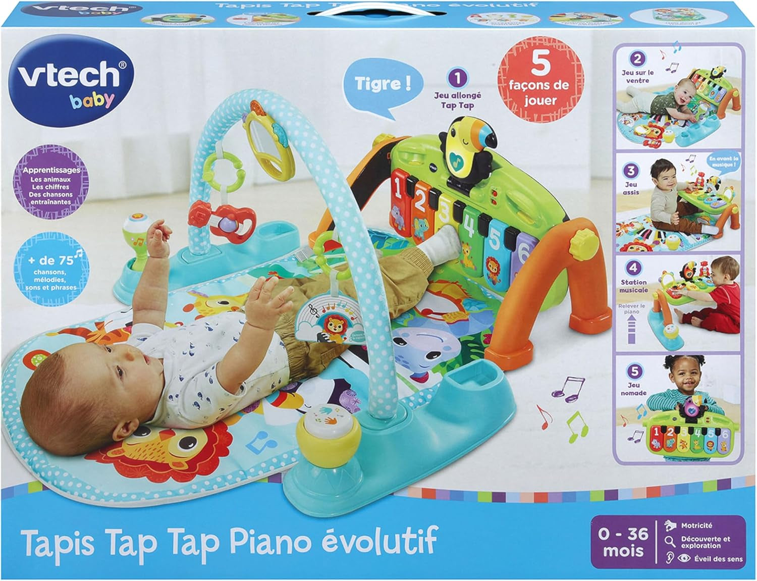- Tapis Tap Tap Piano Évolutif 5 En 1 - Tapis D'Éveil Avec Arche D'Éveil, Piano Bébé Lumineux Et Hochets - Jeu Musical Et Évolutif - Motricité Bébé - Cadeau De Naissance - Contenu En Français