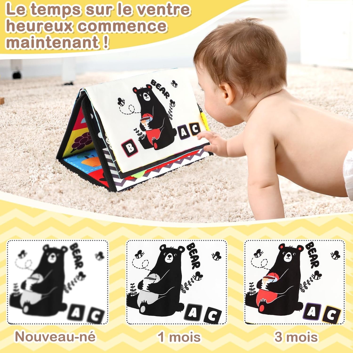 Jouet Bebe 0-3-6-9-12 Mois - Miroir D'Éveil Pliable Avec Jouet De Dentition Et Livre Papier Froissé Sensoriel - Montessori Noir Et Blanc À Motifs Contrastés Pour L'Éveil Des Bébés