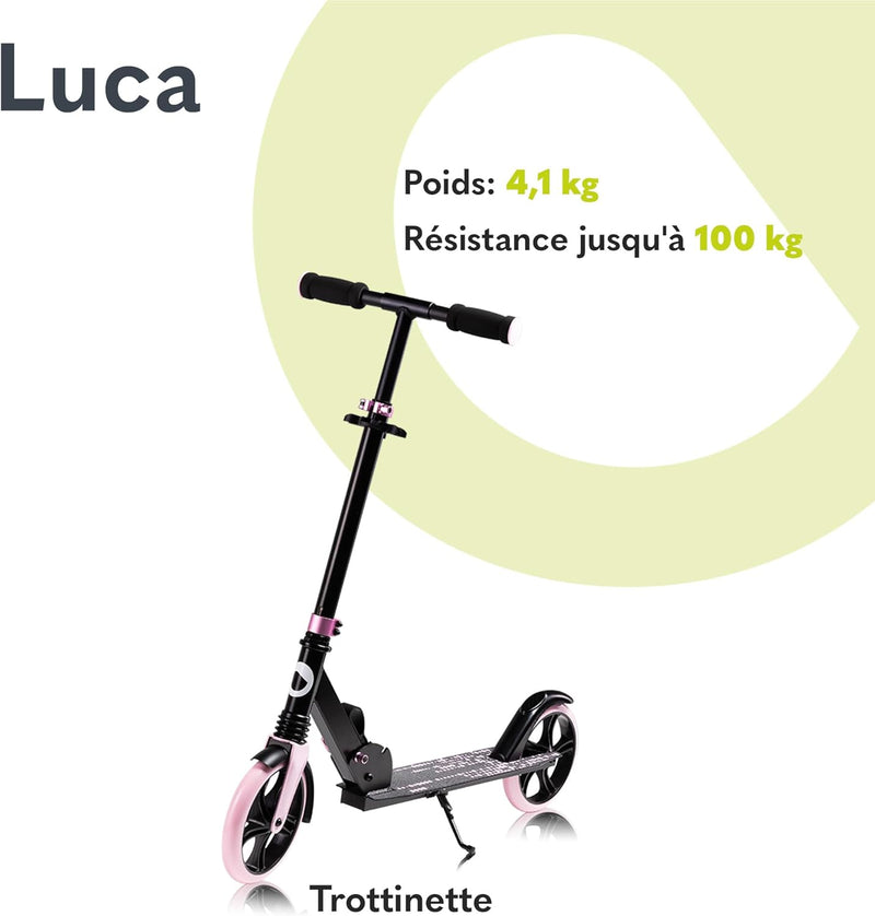 LUCA Trotinette Enfant Et Adultes Jusqu'À 100 Kg, Construction Durable, Pliage, Rapide, Guidon Ajustable, Roues À 20 Cm, Amortisseur Shockresist Frein (Noir)
