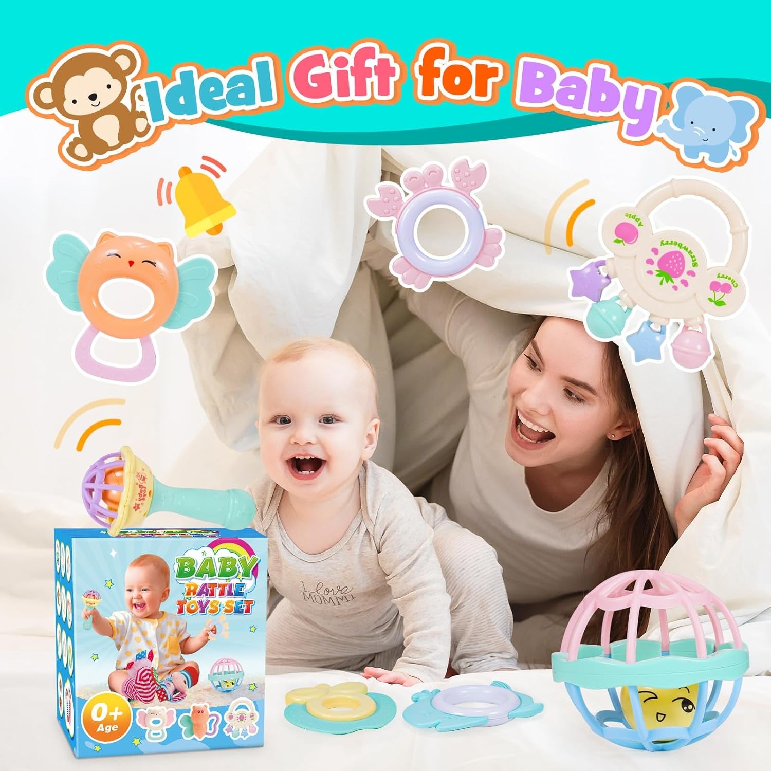 Hochet Bebe 0-12 Mois, Jouet Bebe 0 3 6 9 Mois Jeux Bebe 1 an Jouet Dentition Bébé Cadeau 0-12 Mois Fille Garçon Cadeau Bebe 1 an Jeux Montessori 0-12 Mois Jeux Eveil Bebe 0-12 Mois Jouet