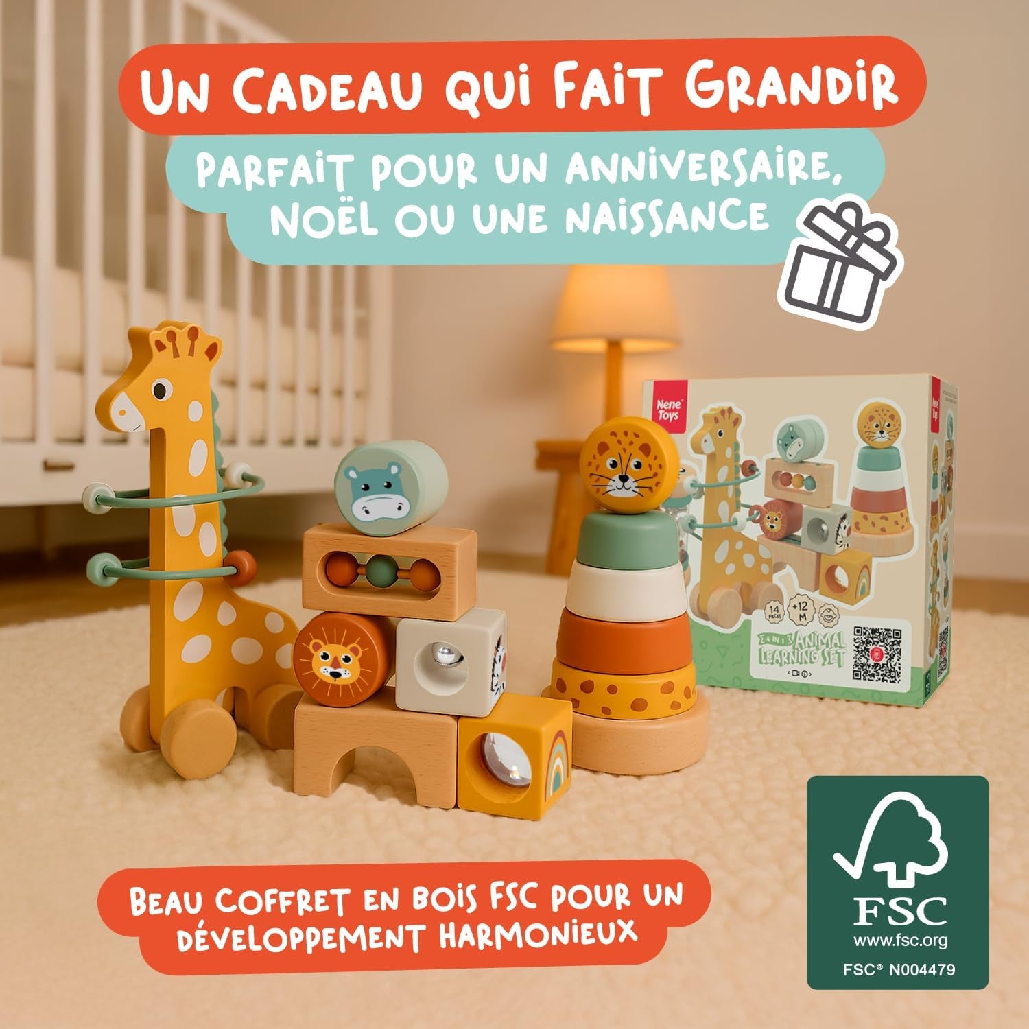 Jouet Bébé 1 an – Jouet Montessori En Bois 4-En-1 Avec Blocs Sensoriels, Pluie Musicale, Labyrinthe Girafe & Anneaux À Empiler – Jeu Sensoriel Cadeau Éducatif Pour Fille & Garçon 12 Mois+