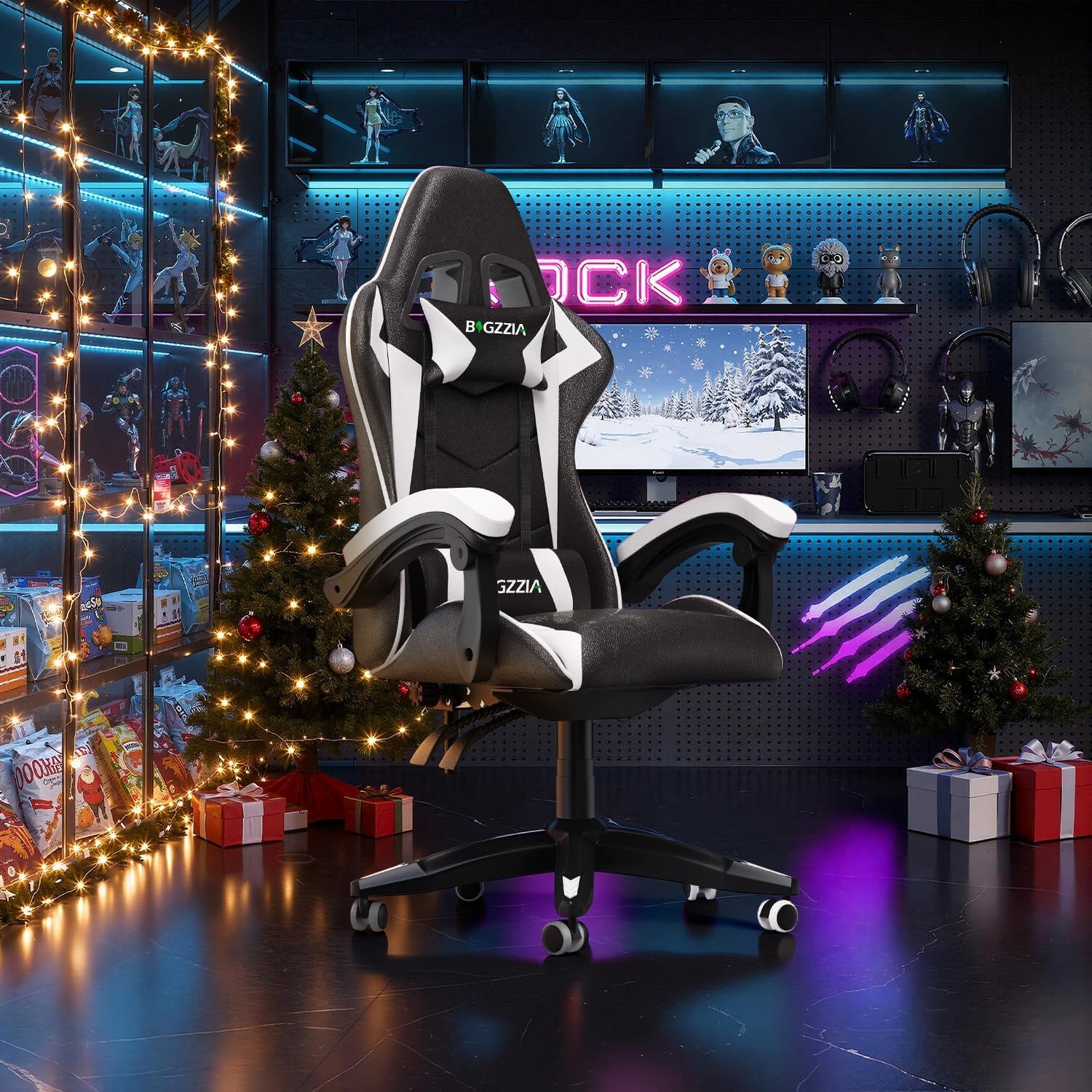 Chaise Gaming,Ergonomique PU Cuir Chaise Bureau,Hauteur Réglable,Avec Lombaire&Appui-Tête Appui,Dossier Inclinable À 155°,Fauteuil Gaming Adultes Enfants (Blanc)