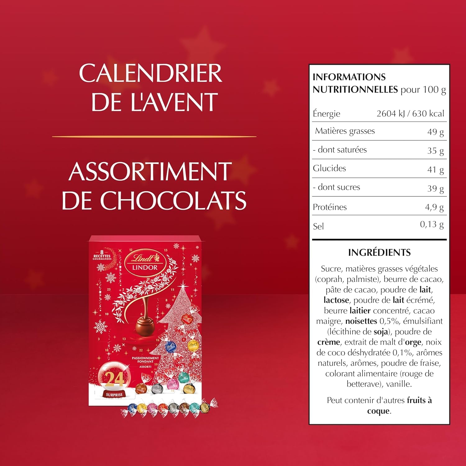 - Calendrier De L'Avent LINDOR - Assortiment De Chocolats Au Lait,Noir 45%, Noir 60%, Noir 70%, Blanc, Coco, Noisettes - Idéal Pour Noël, 312G
