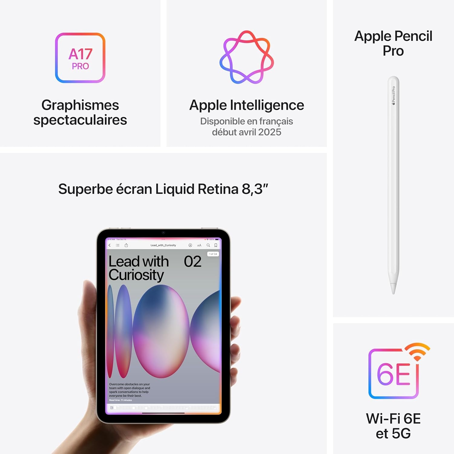Ipad Mini (A17 Pro) : Écran Liquid Retina 8,3 Pouces, 512 Go, Wi-Fi 6E Et Connectivité Cellulaire 5G, Caméras Avant/Arrière 12 Mpx, Touch ID, Autonomie D’Une Journée - Bleu