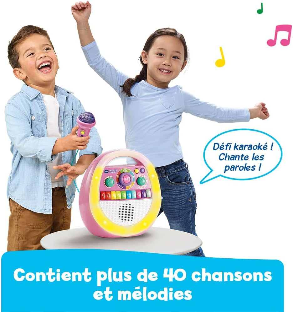 - Music'Kid Karaoké Rose - Enceinte Bluetooth Lumineuse Enfant - Baladeur Musical Avec Micro Karaoké, Comptines Et Chansons, Enregistreur Vocal - Cadeau Enfant Dès 2 Ans - Contenu En Français