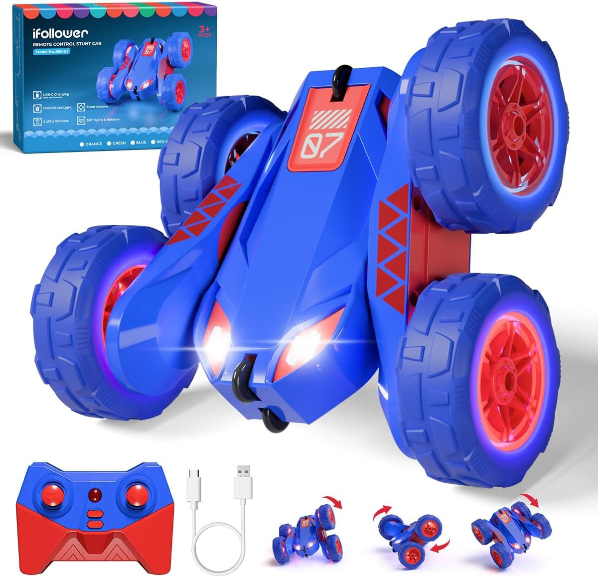 Voiture Télécommandée USB Chargement Direct Avec Led,2.4Ghz 360° Rotation Monster Truck Tout Terrain,Rc Voiture Radiocommandée Cadeau Jouet Enfants 3-12 Ans Garçon Fille