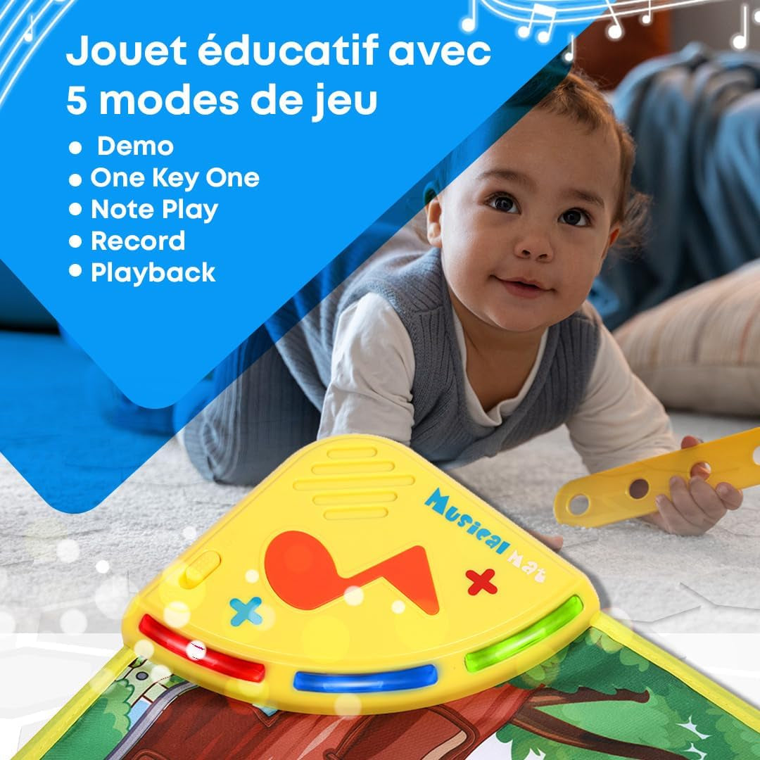 Piano Tapis Musical Bébé Avec 8 Sons D'Animaux LED - Cadeau Enfant 3 4 5 Ans, Jouer Montessori, Idee Jeux De Noël Et D'Anniversaire, Repliable, Fonction Record/Playback (110X36Cm)